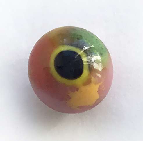 Yellow orange with pink and green. 6 mm. 2.5 euro.